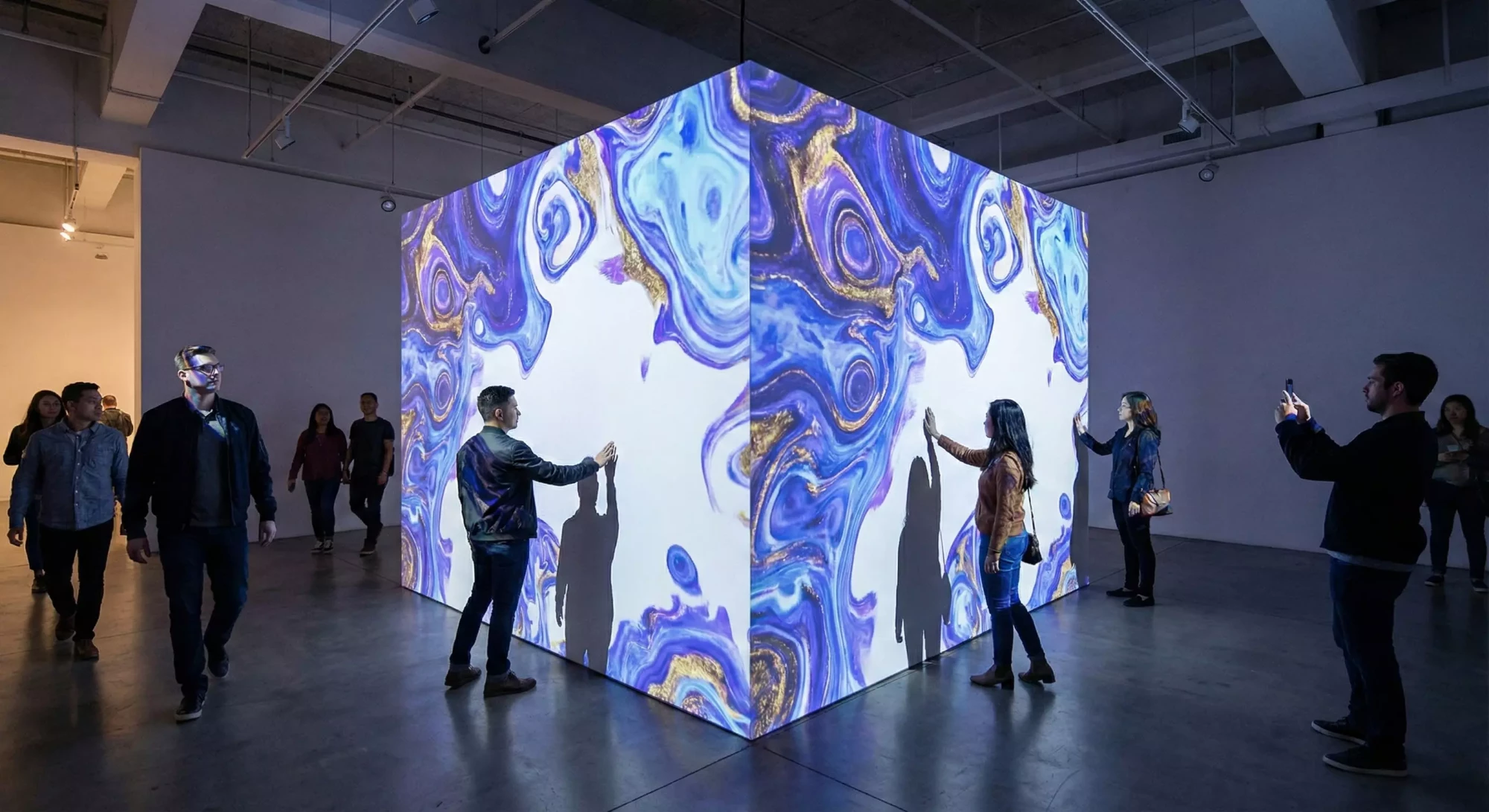 Pop-up experiential space with projection mapping on a cube structure.