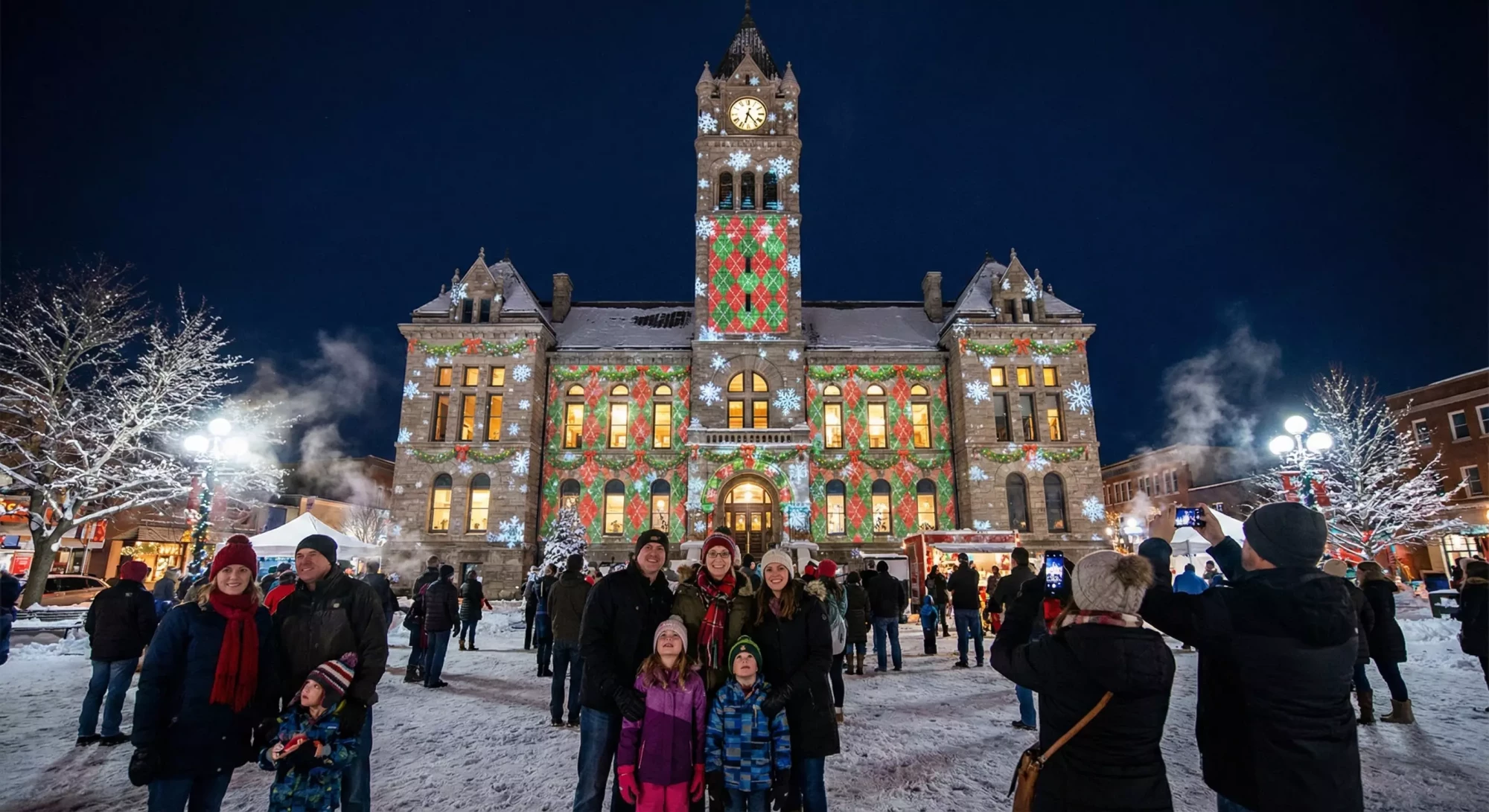 Municipal building lit by Christmas projection mapping during a winter event.