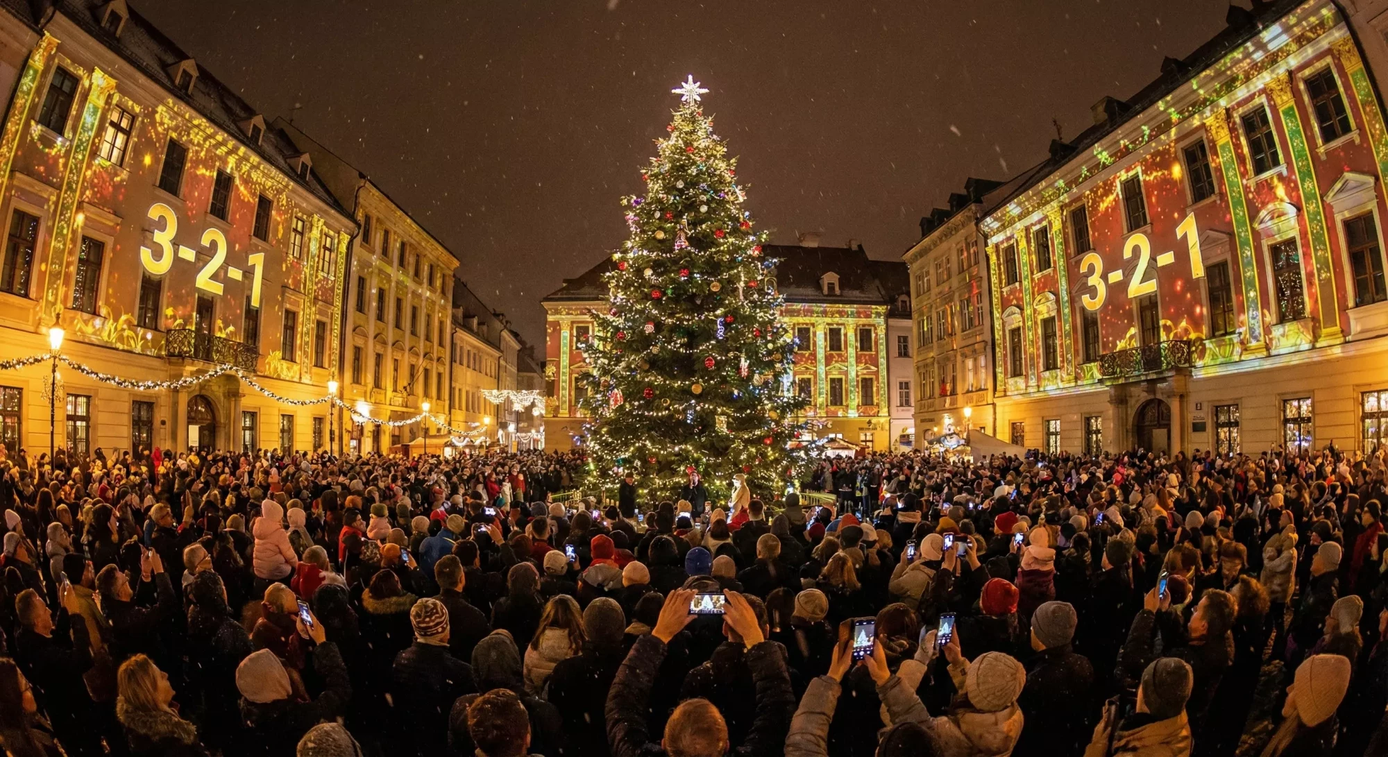 Downtown Christmas tree lighting with projection mapping on nearby buildings.