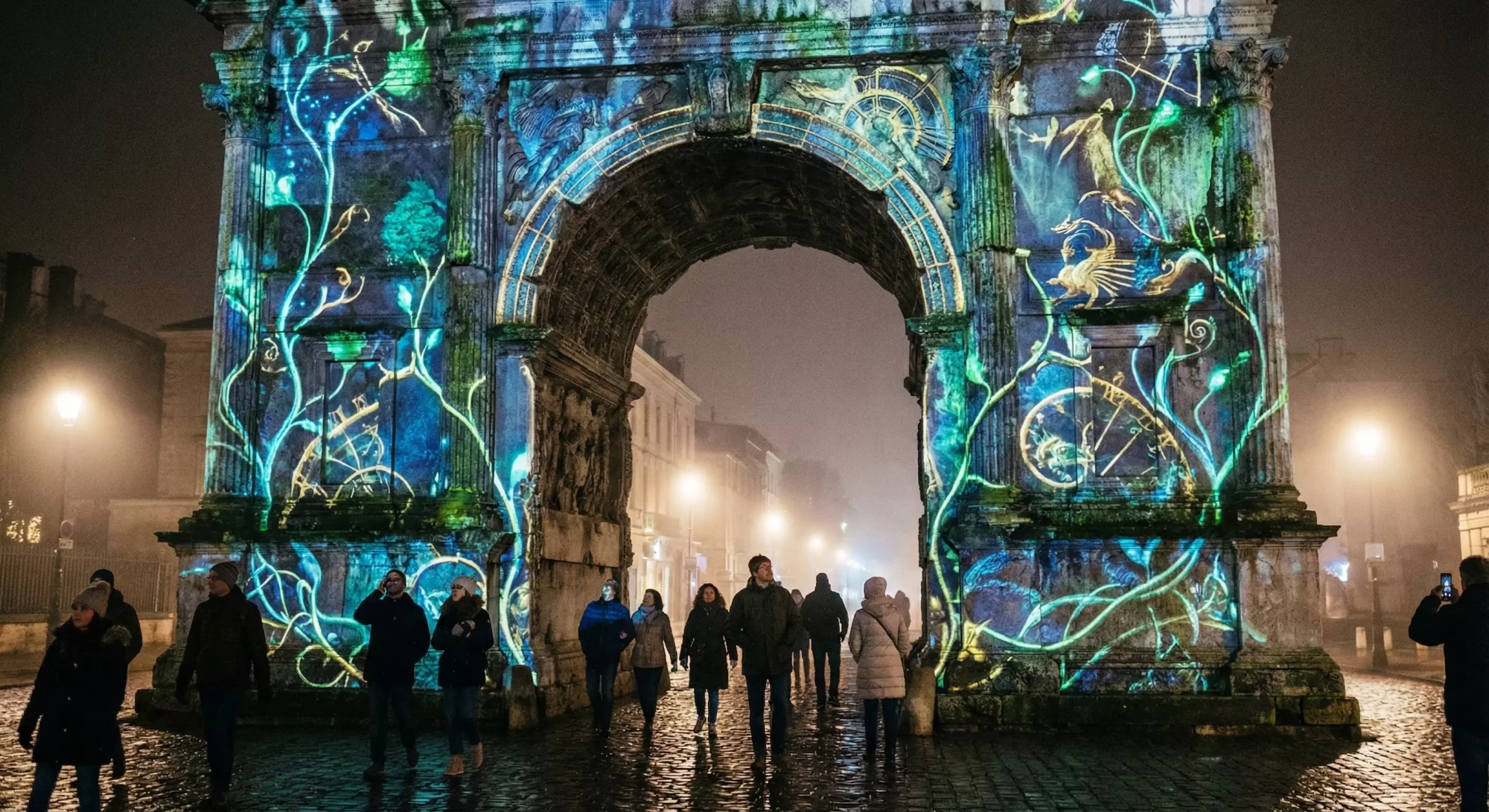 Projection-mapped festival gateway arch.