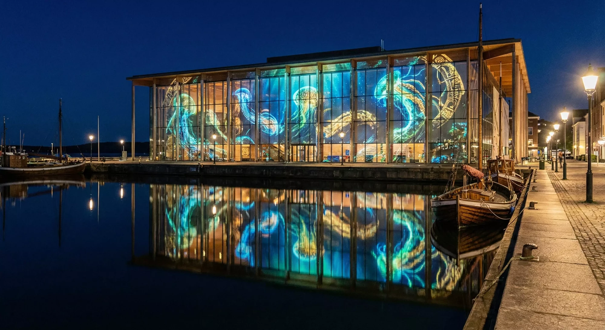 Projection mapping reflecting on waterfront.