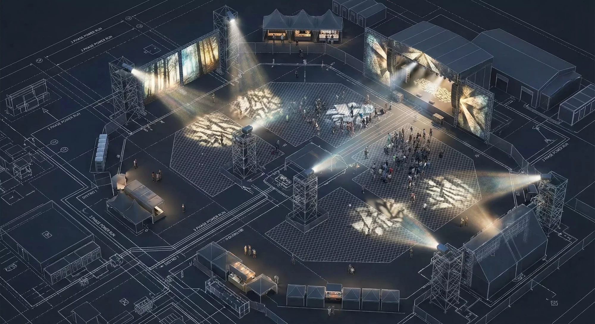 Festival projection mapping site planning diagram.