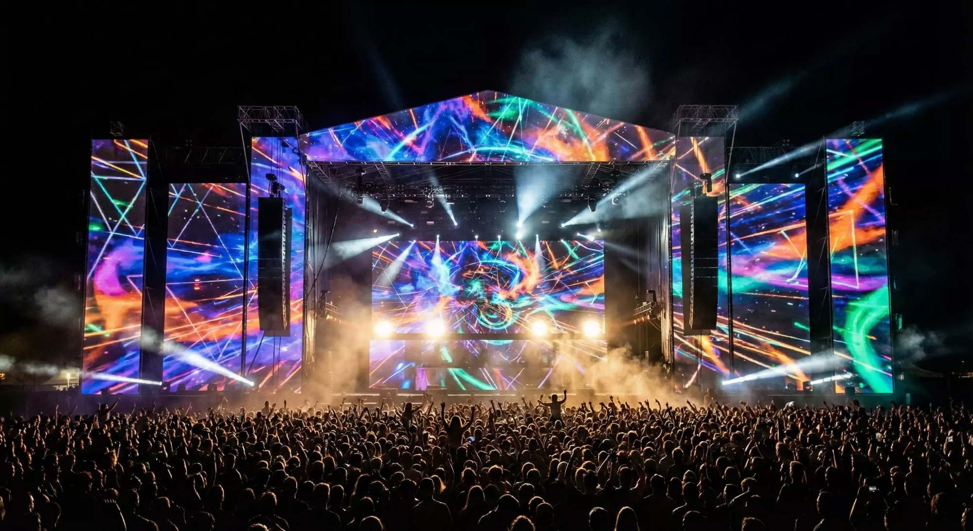 Festival main stage with projection mapping on towers and backdrop.