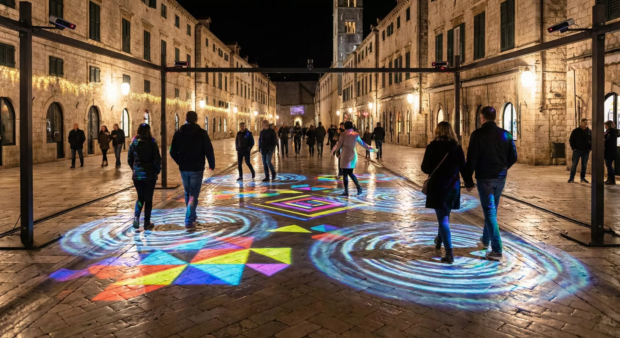 Interactive projection mapping on the ground reacting to visitors.