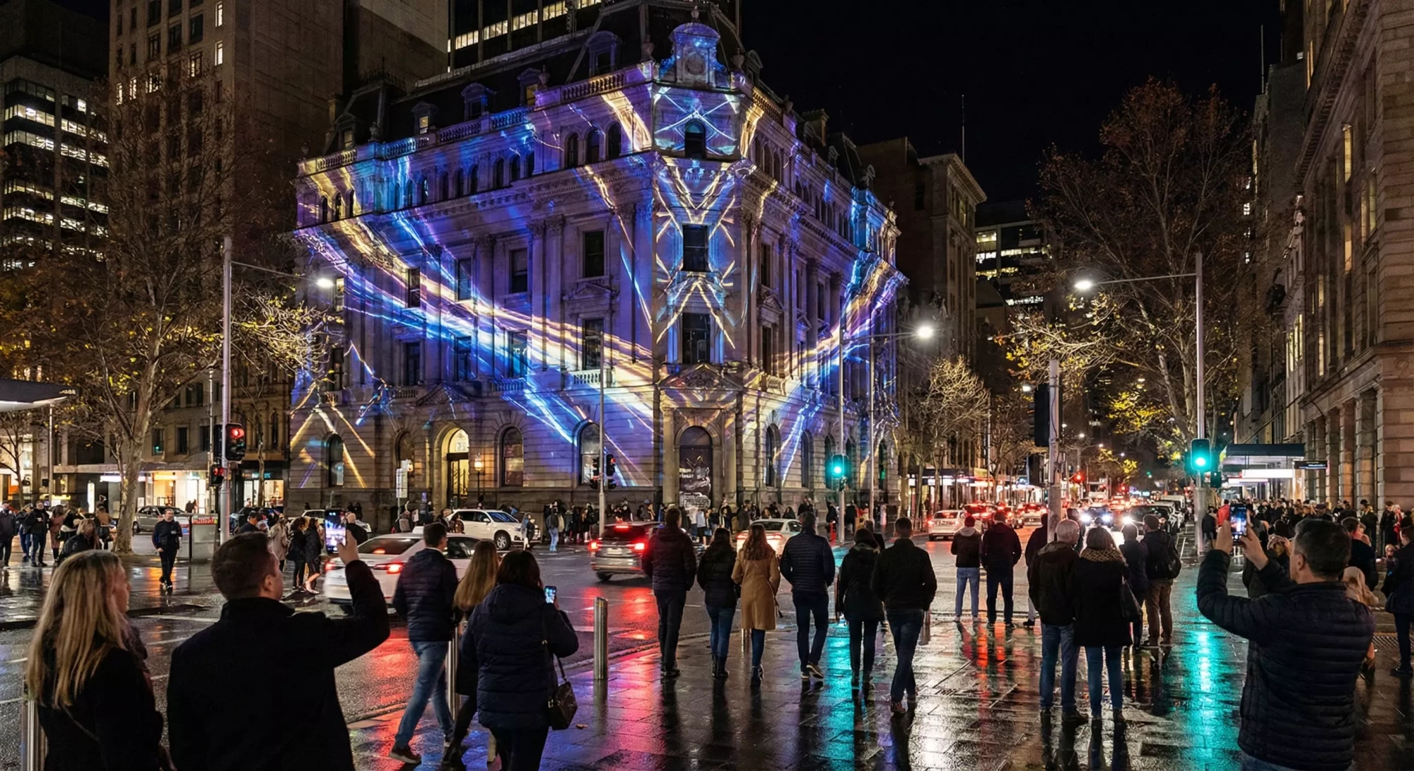 Landmark building used repeatedly for projection mapping as a branding element.