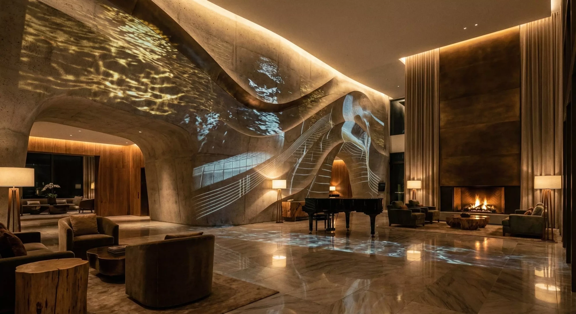 Projection mapping inside a hotel lobby.