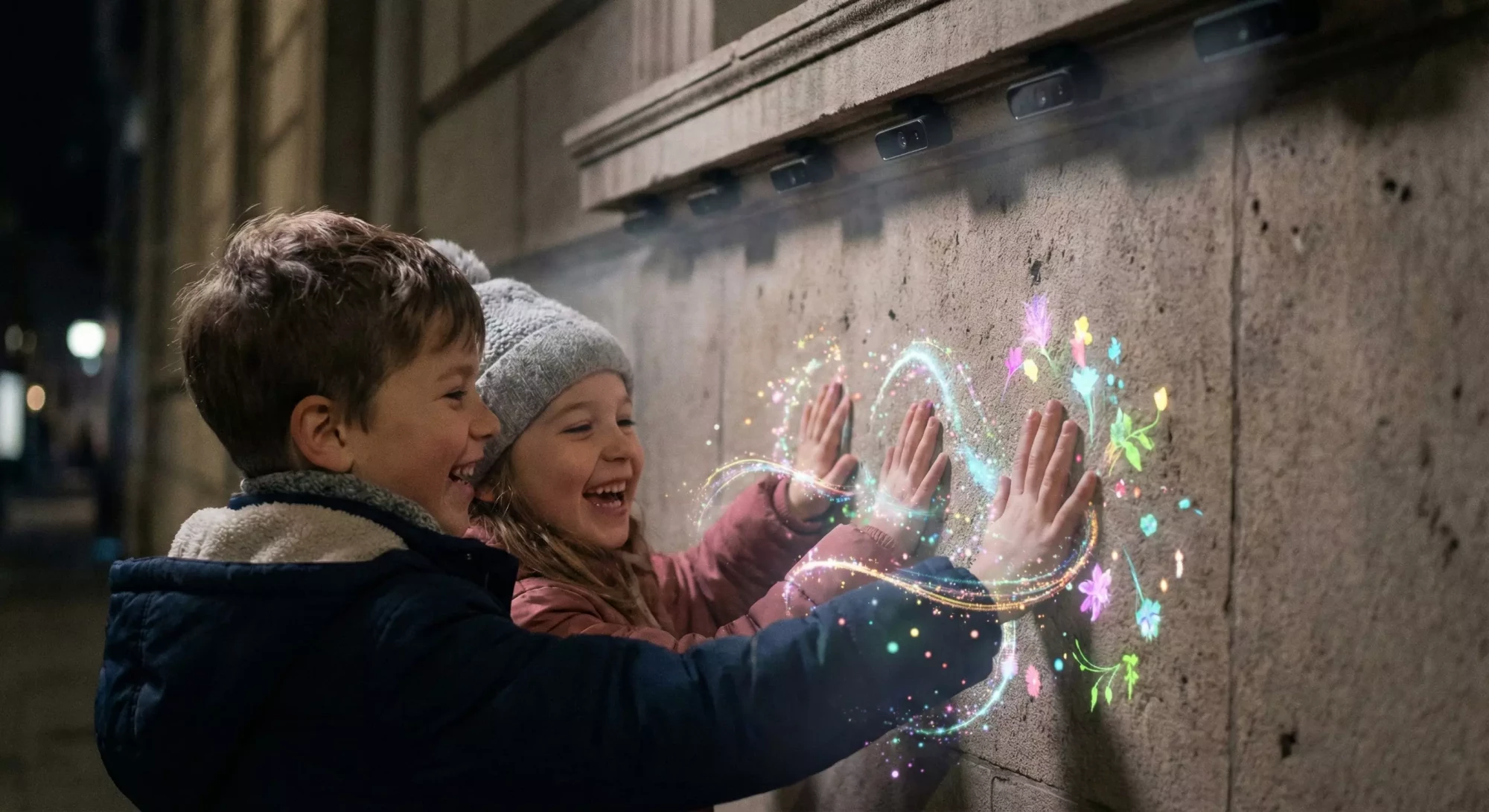 Visitors interacting with a projection-mapped wall.