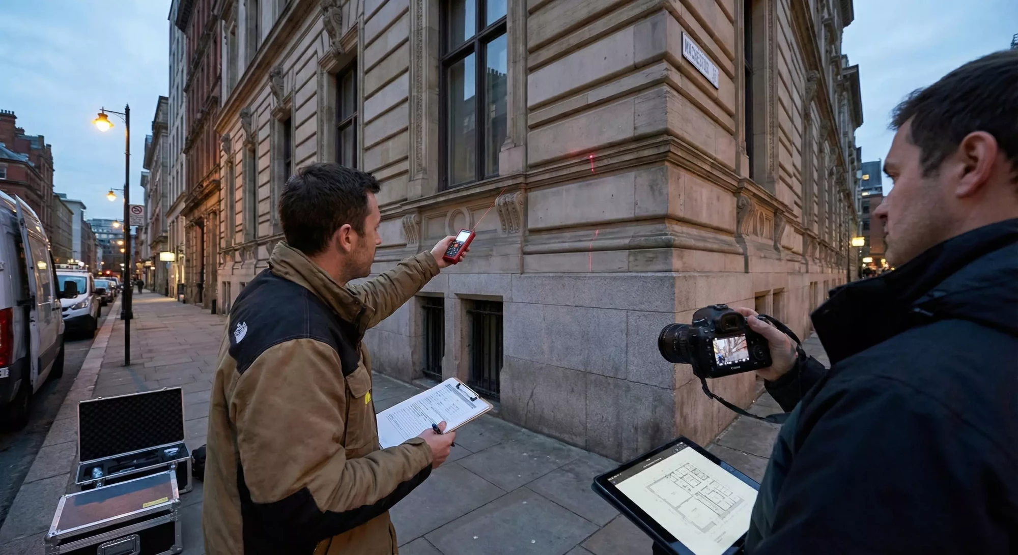 Production team measuring and photographing a building for projection mapping.