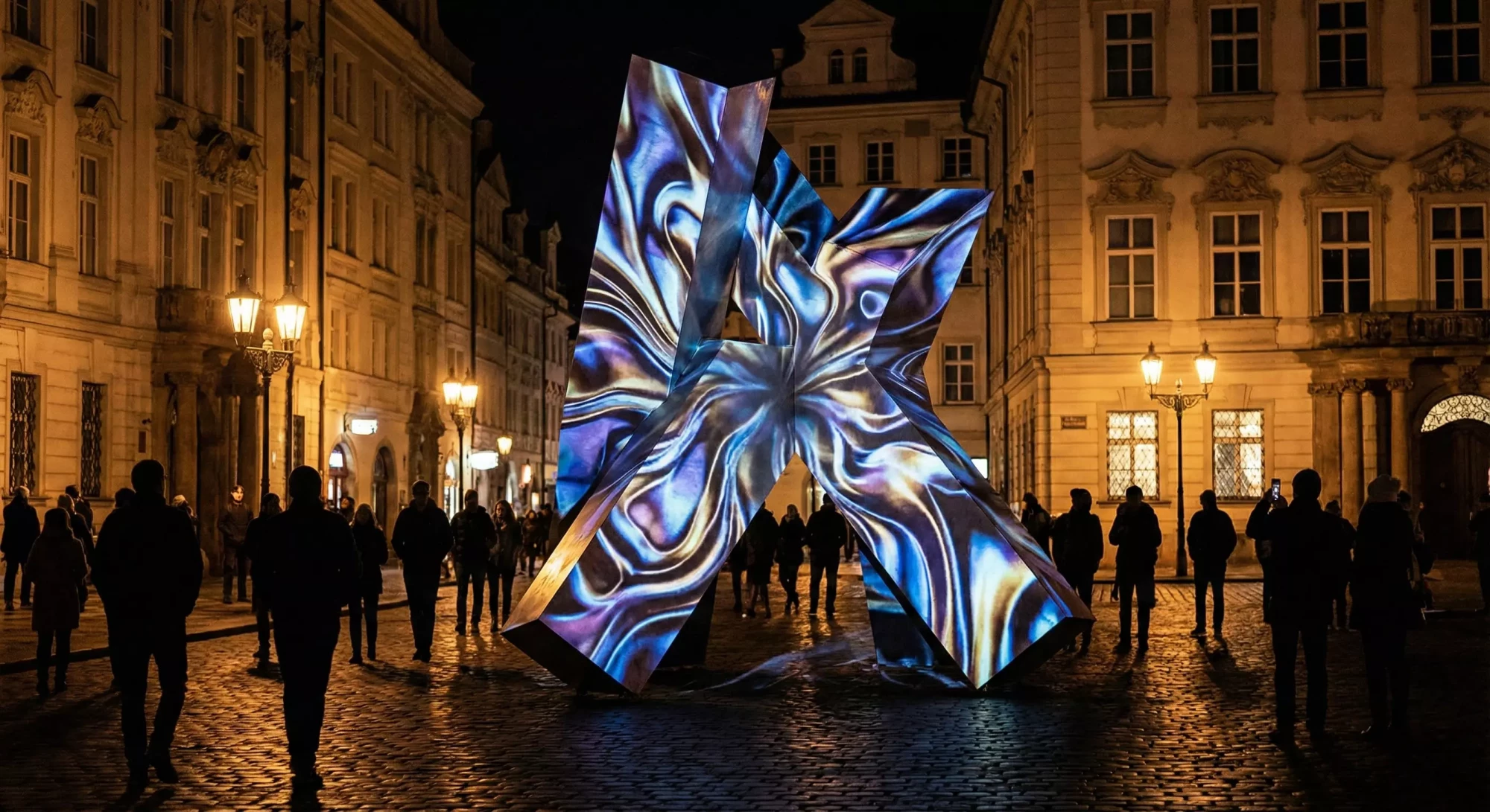 Projection mapping illuminating a sculpture in a public art exhibit.