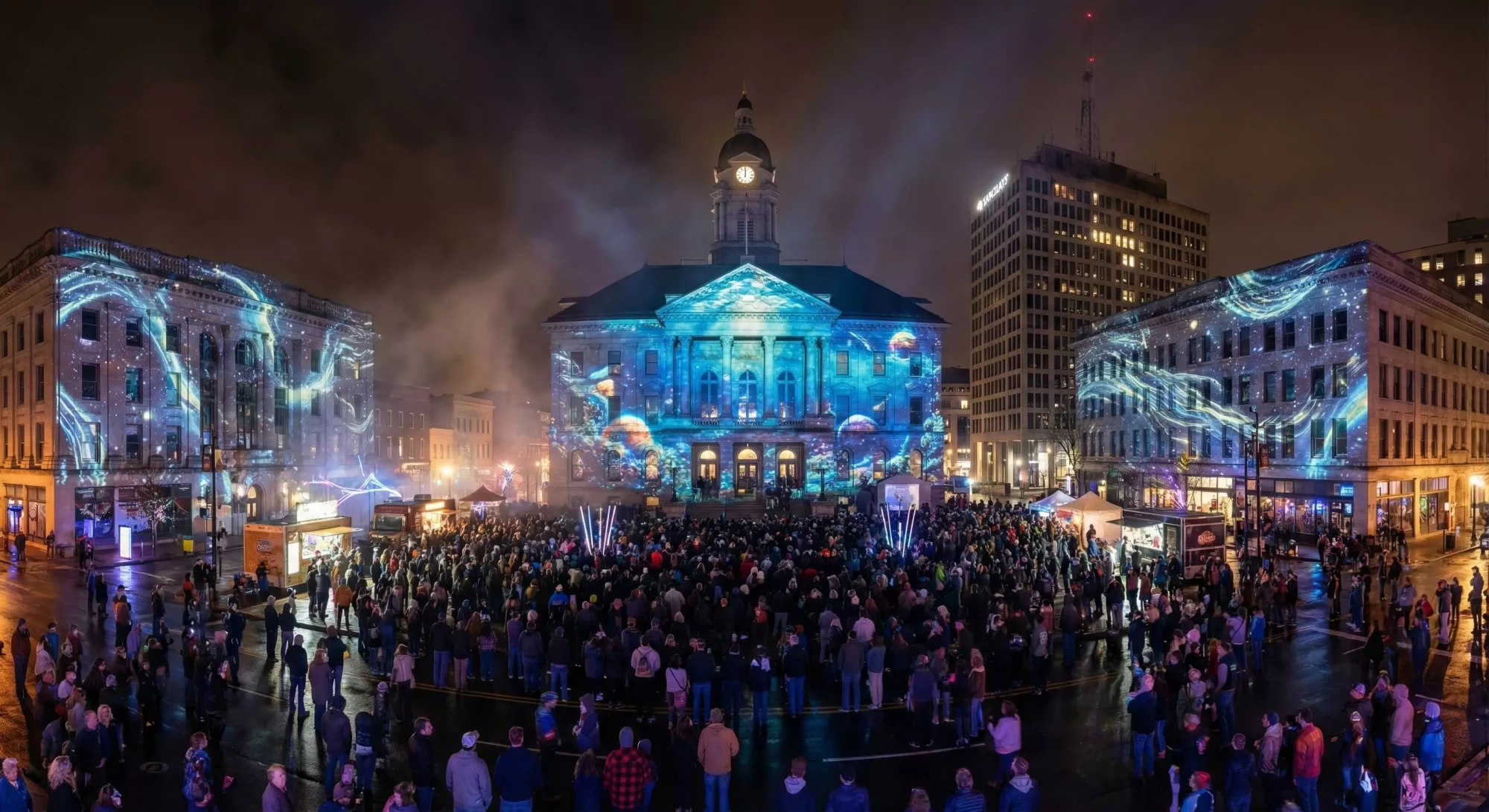 City buildings illuminated by projection mapping during a public event.