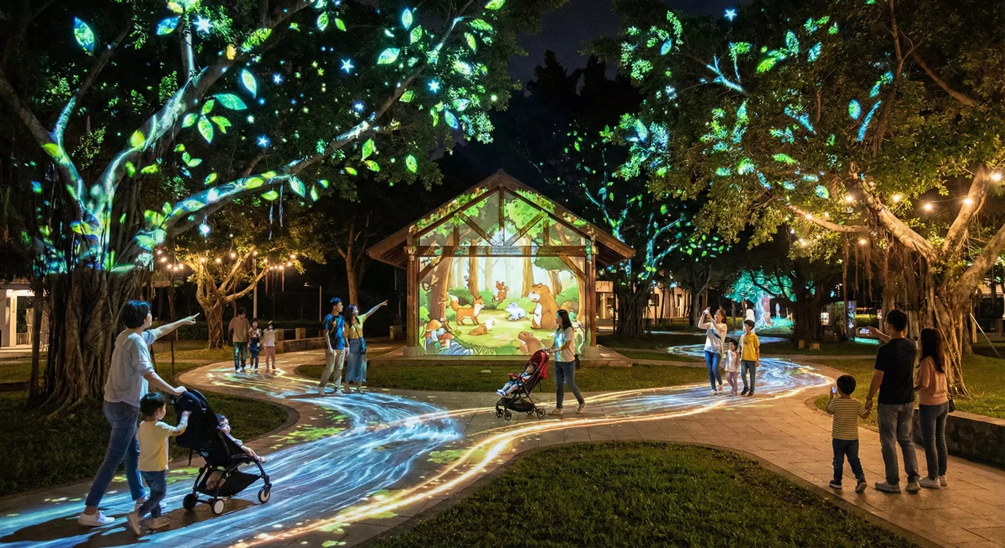 Park trees and public space lit with projection mapping during an evening activation.