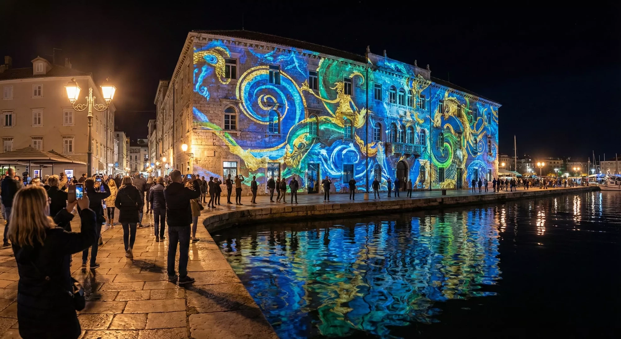 Projection mapping on a historic building creating a nighttime tourism attraction.