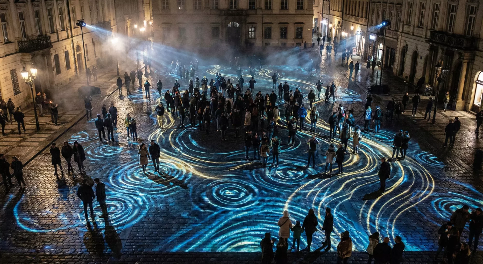 Interactive ground projection mapping in a city plaza.