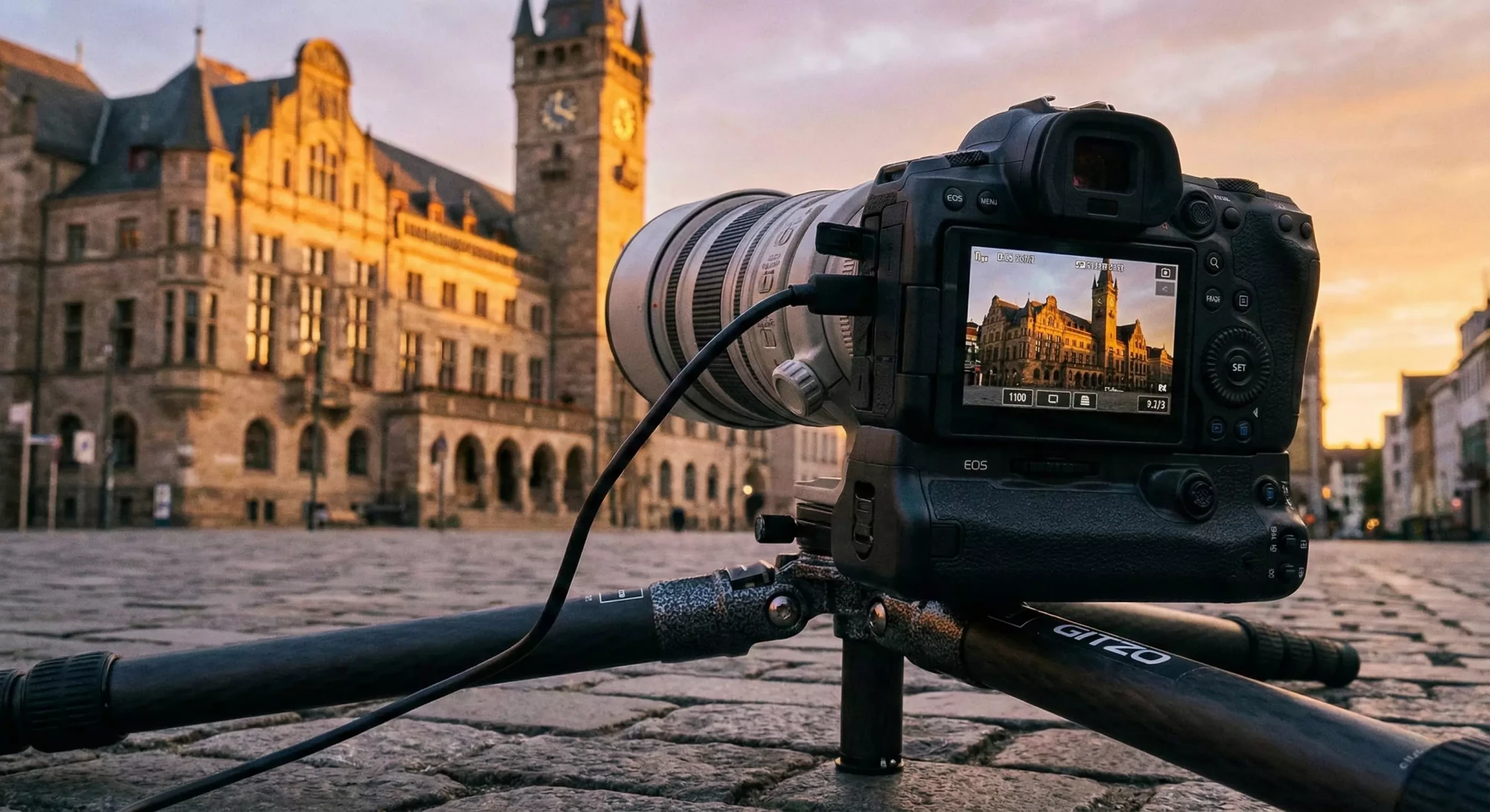 DSLR camera on a tripod photographing a historic city hall at golden hour.