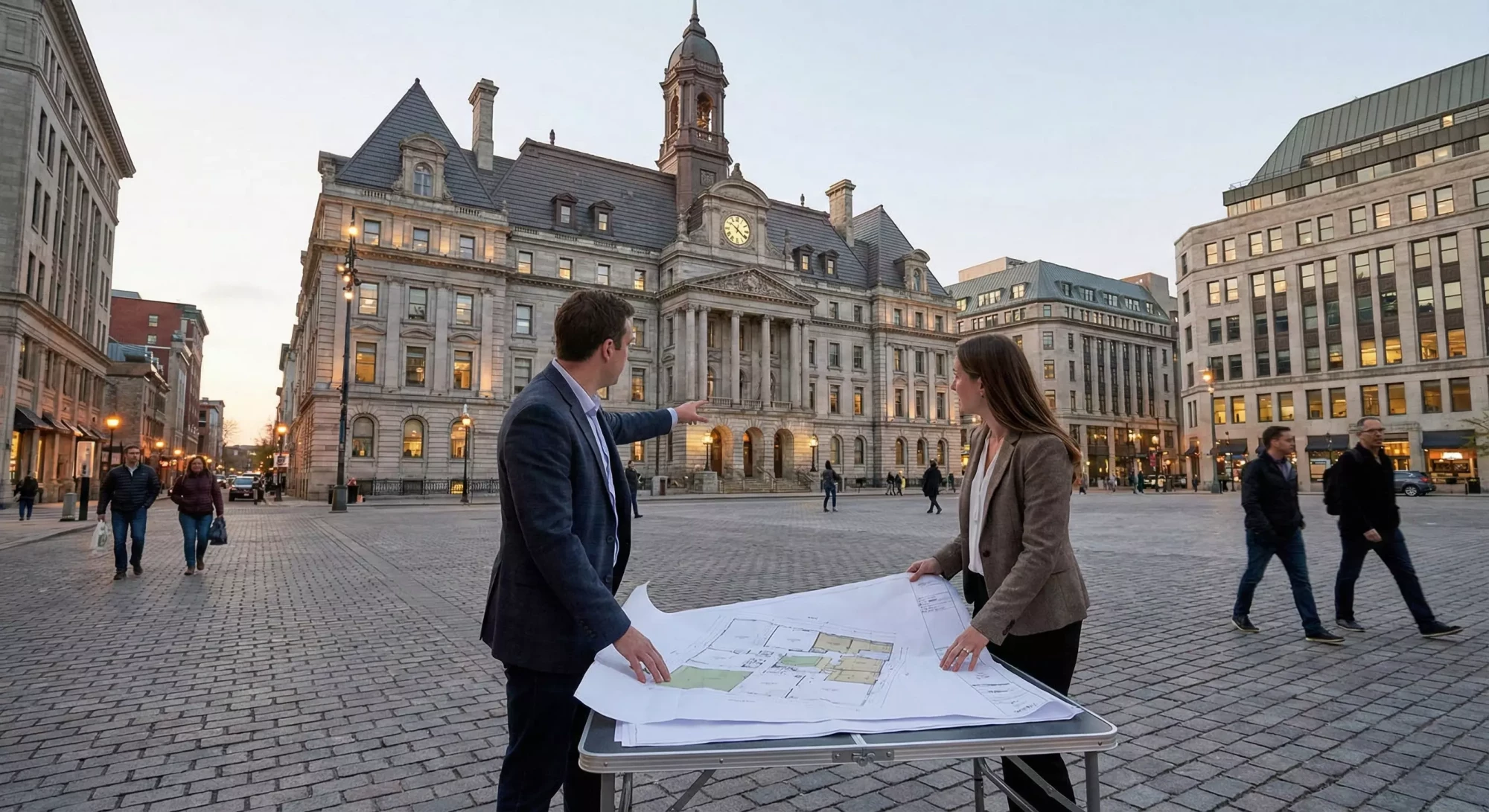 Two people reviewing a projection plan in a downtown square at dusk, pointing at a municipal building.