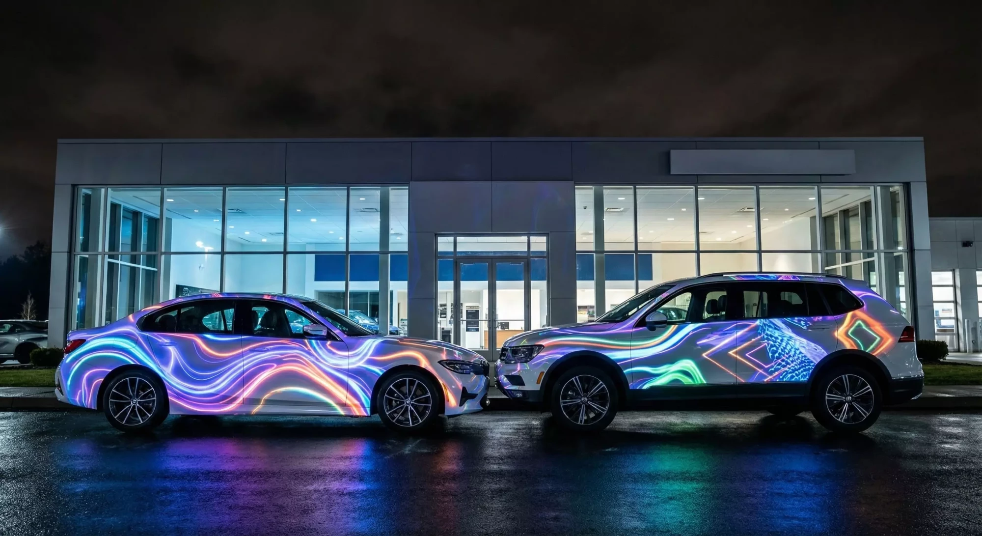 White cars at a dealership illuminated by colorful projection mapping at night.