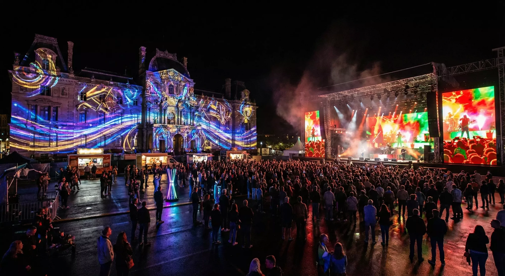 Event scene with projection mapping on a building beside an LED wall stage.