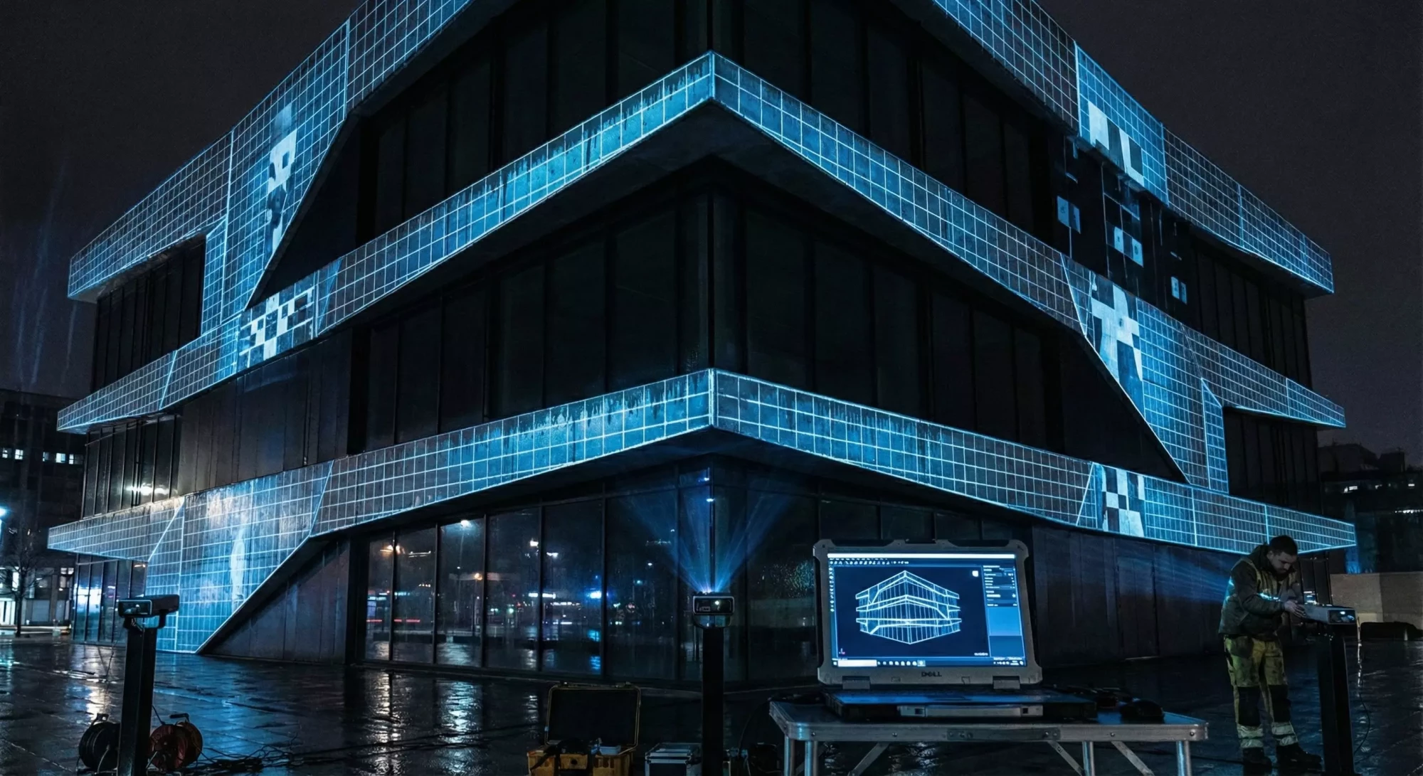 Projection mapping test grid on a modern angular building.