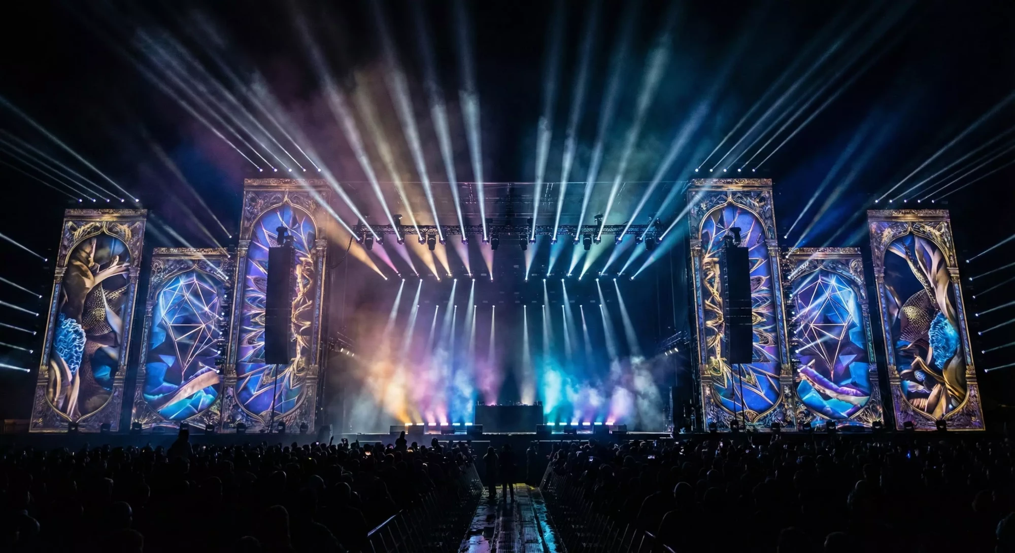 Projection mapping integrated with stage lighting and atmospheric effects.