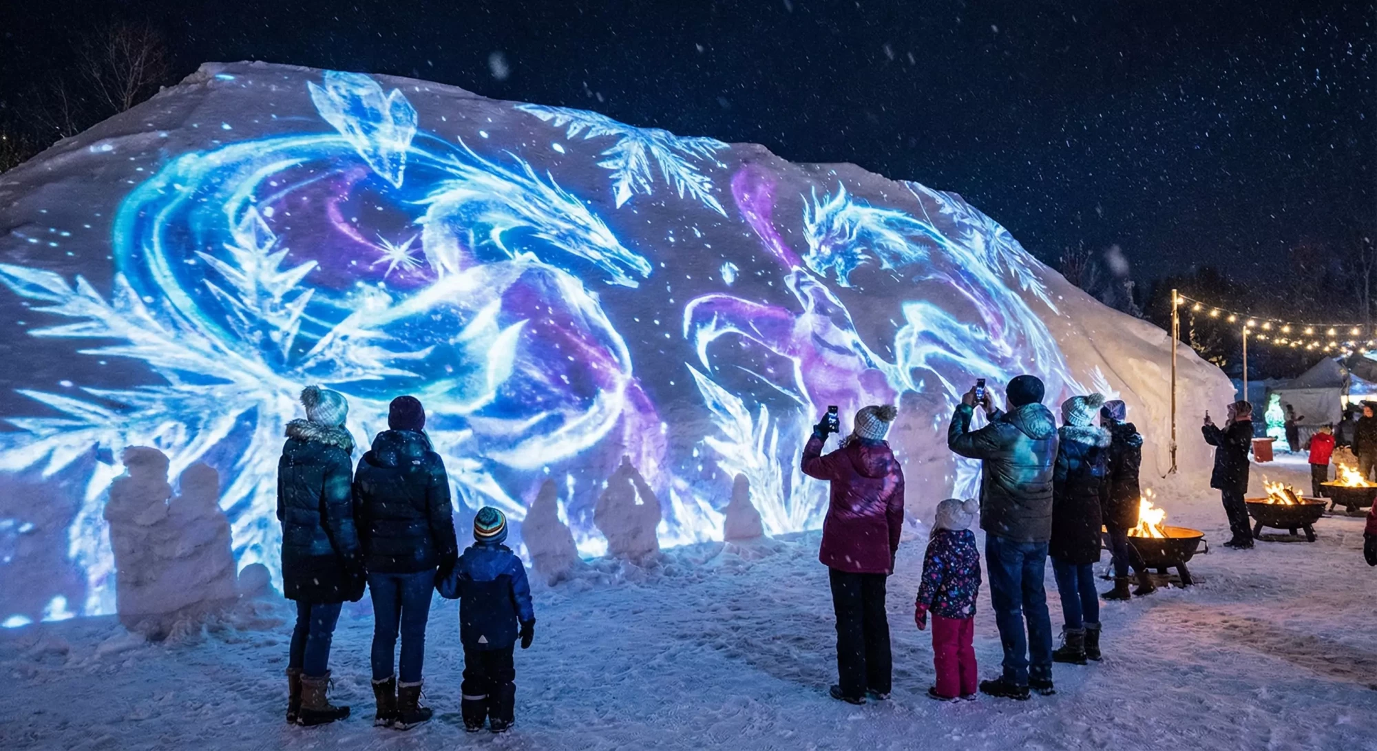 Snowbank used as a surface for colorful winter projection mapping.