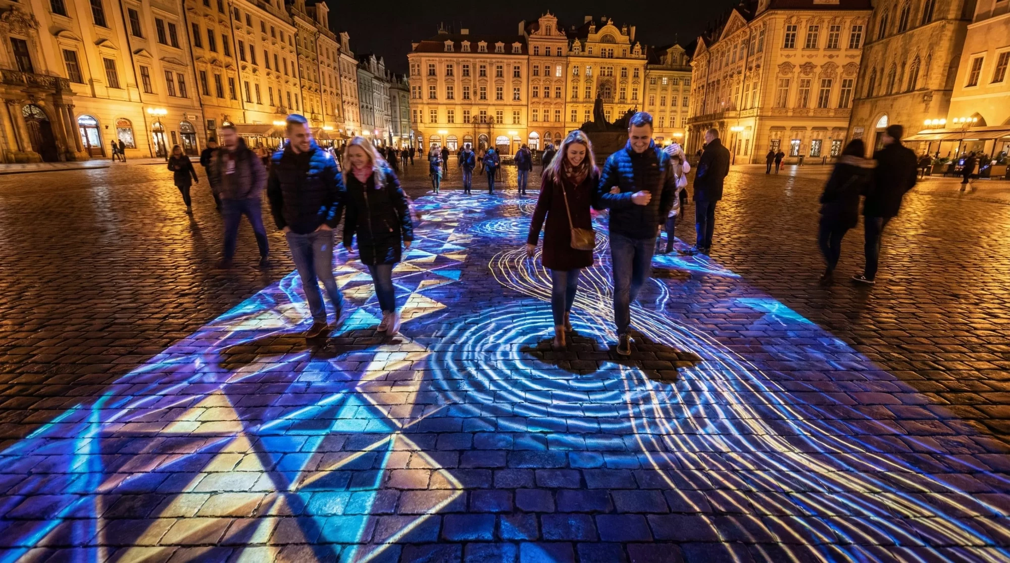 Ground projection mapping on a pedestrian path during a nighttime event.