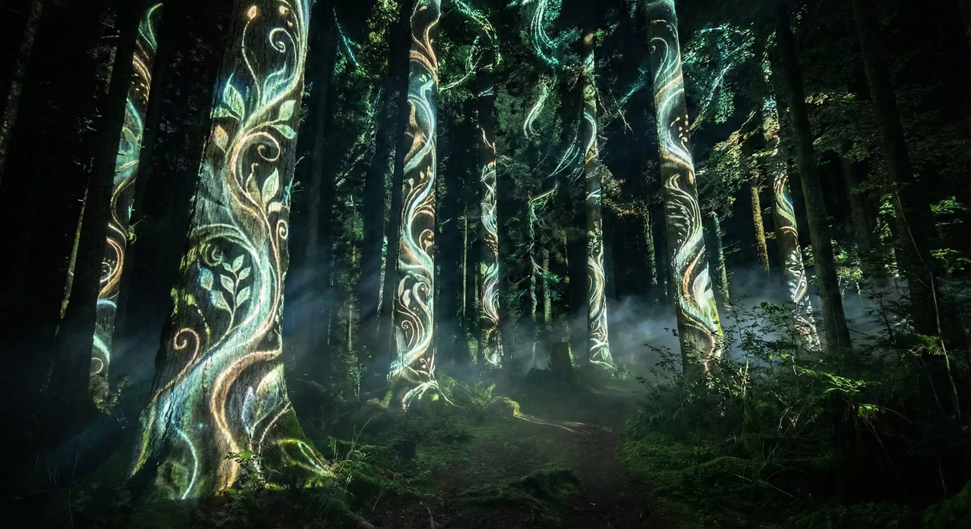 Projection mapping effects wrapping around trees in a nighttime park.