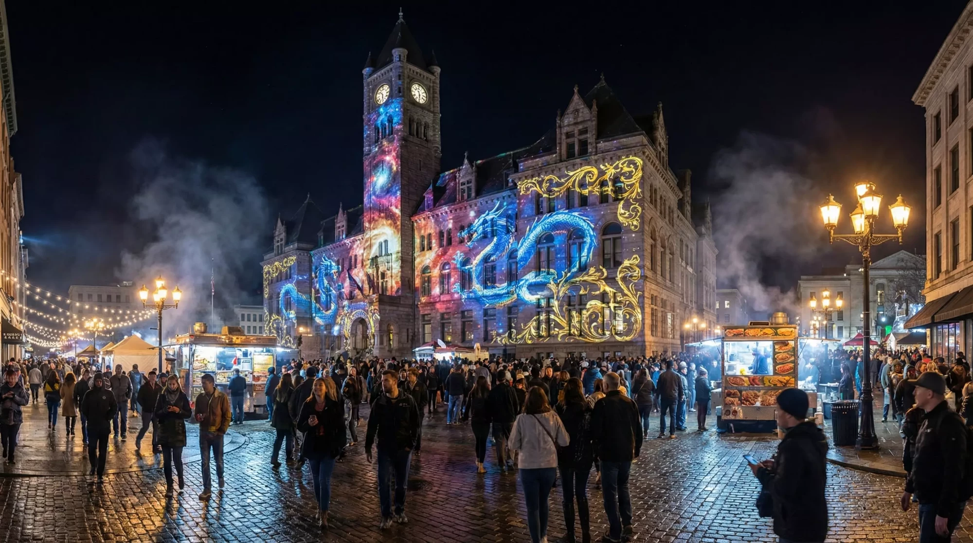 Crowds watching projection mapping in a downtown square.