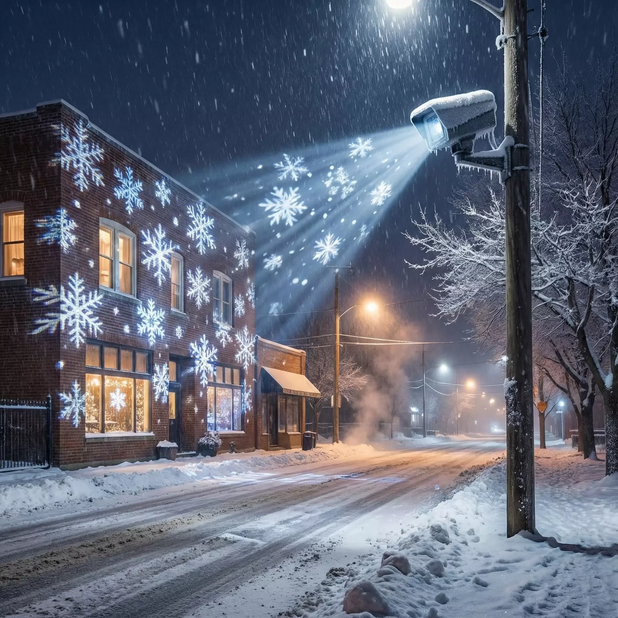 Projector enclosure operating during snowfall.