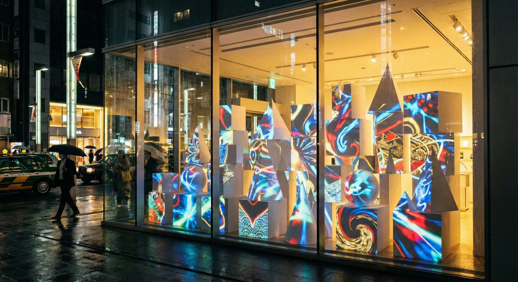 Retail window projection display at night.