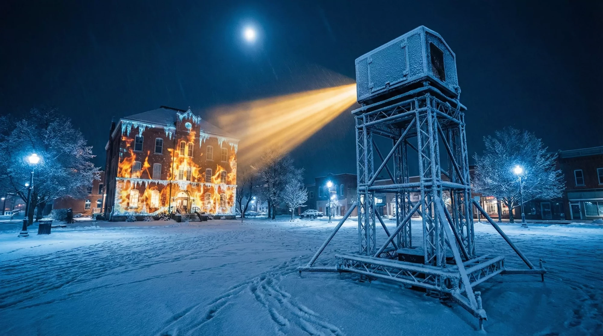 Winter projection mapping installation with truss-mounted enclosure.