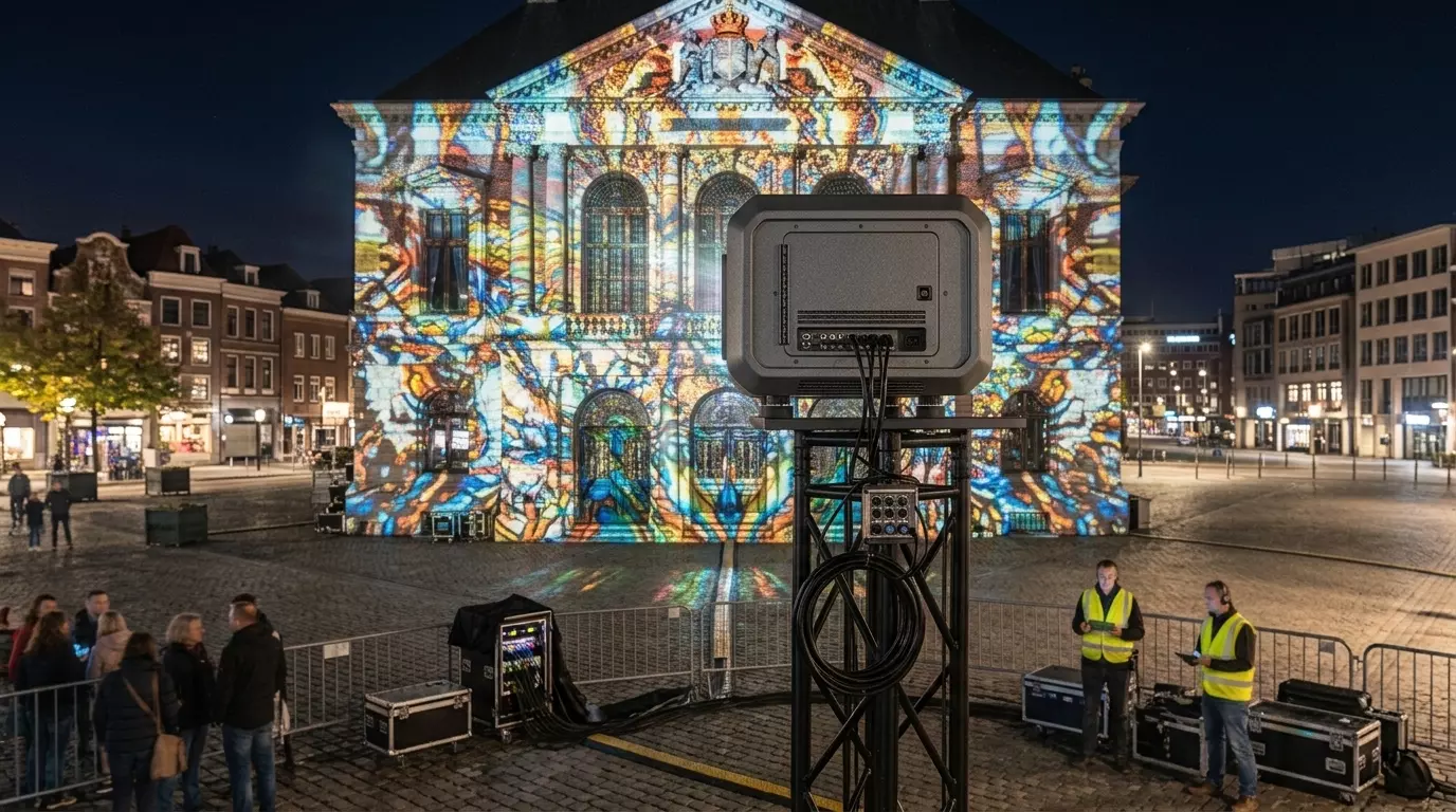 High-lumen professional projector used in an outdoor projection installation