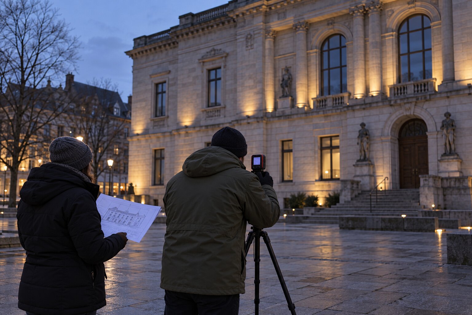 Two technicians conducting a dusk site survey in front of a municipal building.
