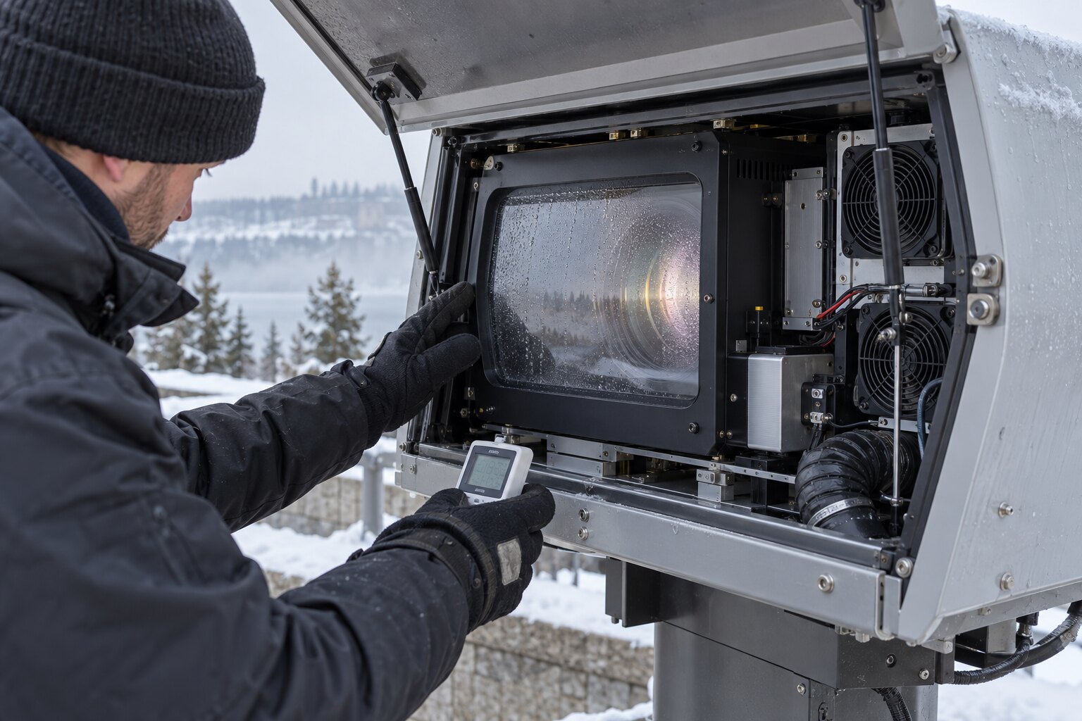 Technician inspecting condensation on the optical window of an outdoor projector enclosure.