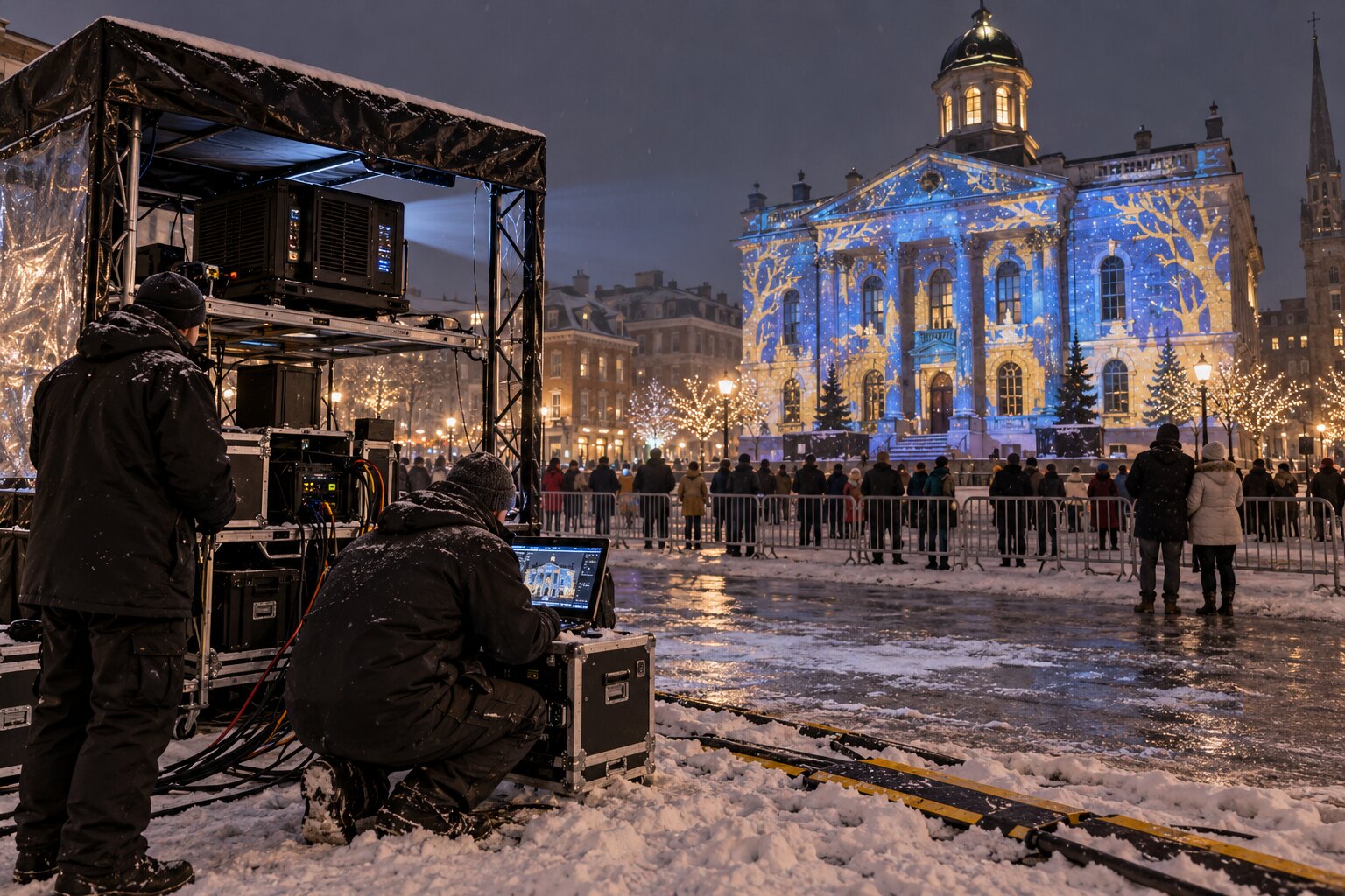 Technicians preparing a temporary projection mapping system in a snowy festival plaza.